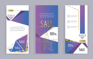 Business banners. Vertical template vector Abstract triangle violet background with gold srar.