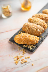Delicious and tasty Greek  honey cookies with walnuts called melomakarona