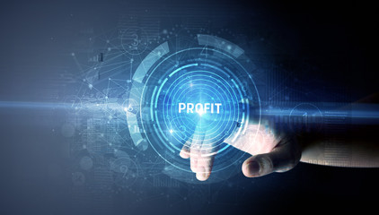 Hand touching PROFIT button, modern business technology concept
