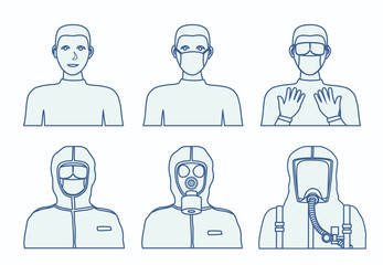 Personal protective equipment against biochemical threats. Line drawings.