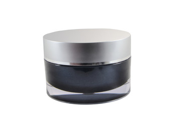 Face cream in a black jar on a white background. Body lotion in a closed box. Hair Care Cosmetic.