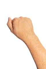Man knocking fist isolated on white background.