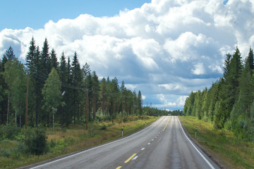 Fototapeta premium Finland. View of a scenic road passing through a forest. Beautiful Scandinavian landscape.