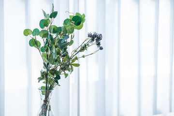 Bouquet in vase decorated near white curtain.  Modern lifestyle concept.