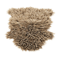 Brown decor skin of a sheepskin wool rug on a white background. 3D rendering