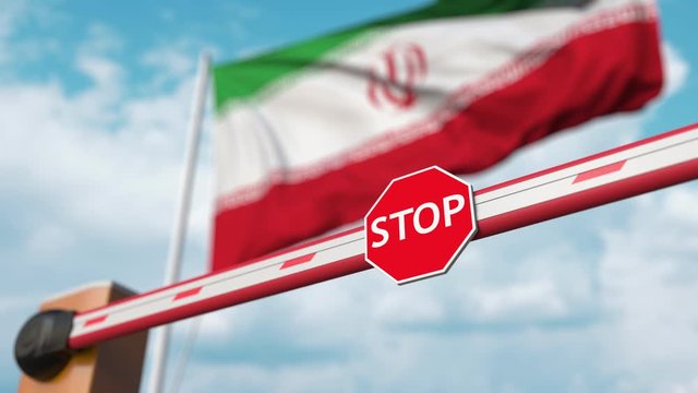 Closed boom gate on the Iranian flag background. Restricted entry or certain ban in Iran