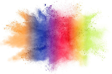 Fototapeta premium Abstract powder splatted background. Colorful powder explosion on white background. Colored cloud. Colorful dust explode. Paint Holi.