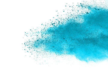 Blue sky color powder explosion on white background.