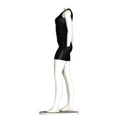 White maniken in a black dress against a white background. Isolate.