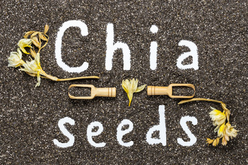 Written word Chia seeds on a dark background