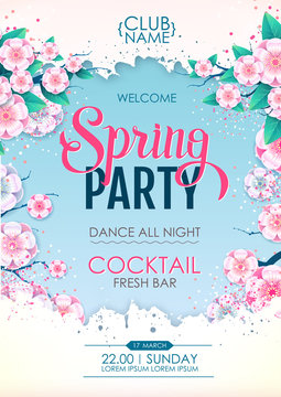Spring party poster with full blossom flowers. Spring flowers background