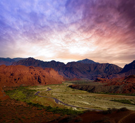 Beautiful landscape of the Quebrada de Cafayate or quebrada de las conchas in the province of Salta, Argentina. Beautiful sunset.