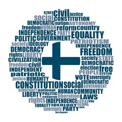 Word cloud with words related to politics, government, parliamentary democracy and political life. Flag of the Finland