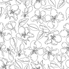 Vector seamless pattern contour flowers of an apple tree and leaves, hand-drawn, spring theme. Doodle style, outline. Monochrome black and white pattern, for wallpaper,Textile, wedding greeting card