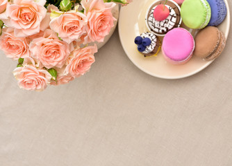 holiday. flowers. french macaroons or macaron. colourful