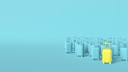 Think different conceptual background in pastel yellow, blue colors. Yellow luggage bag standing in...