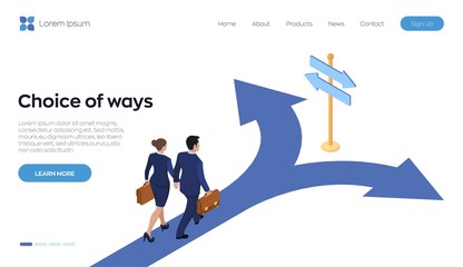 Choice process. Direction choose options, solution, decision. A businessman and businesswoman with a briefcase in hand is walking along the road to a crossroads. Isometric vector illustration. - obrazy, fototapety, plakaty