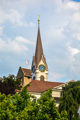 View of the church tower and the castle of Uster