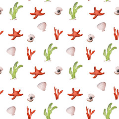 Naklejka premium Digital children's book illustration pattern of seaweed, corals, shells, starfish on a white background. Print for fabrics, cards, banners, posters, clothes.
