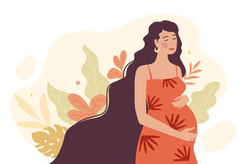 Motherhood. Pregnant woman character. Happy expectant mother. Vector illustration of a flat design