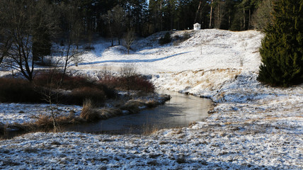 The first snow in the forest on the river.