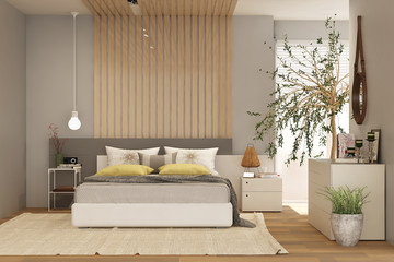 Modern bedroom interior with wooden decor in eco style