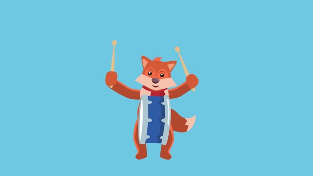 Cartoon Little Fox Flat Christmas Character Music Drum Animation Includes Matte