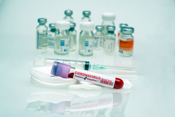 Coronavirus blood test .  Coronavirus positive blood in laboratory. 2019-nCoV Coronavirus originating in Wuhan, China