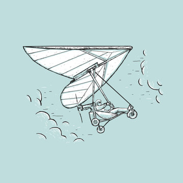 recommend clip art: Sketch vector color illustration with man flying on hang glider and clouds. Design on a blue background for t-shirt print, cover, poster, bannerечать