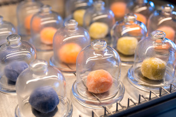 Japanese traditional dessert rice flour mochi with various fillings on a display case