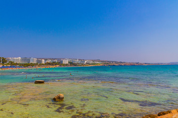 Ayia Napa, Cyprus - September 07, 2019:  The cyprian beach during high season