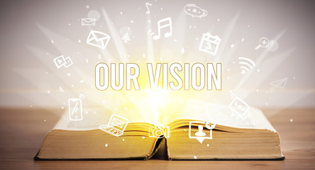 Opeen book with OUR VISION inscription, business concept