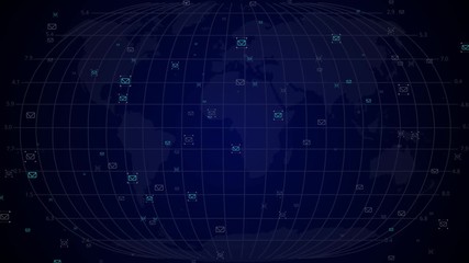 Email Envelopes Flying Around the World.randomly flying envelopes with messages on the background, world map. Futuristic background - Powered by Adobe
