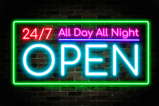 Neon banner OPEN 24/7, advertising merchant , store or product, shining light sign collection.