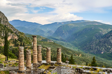 Ancient ruins in Delphi, Greece in a summer day
