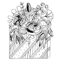 Hand drawing coloring book for children and adult mascara. Beautiful drawings with patterns and small details. Wooden still life flowerpot with wildflowers, garden flowers. white sprigs of eucalyptus