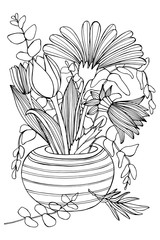 Hand drawing coloring book for children and adult mascara. Beautiful drawings with patterns and small details. Wooden still life flowerpot with wildflowers, garden flowers. white sprigs of eucalyptus