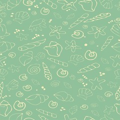 Seamless pattern of clams and shells on a turquoise background.