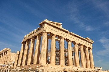 ATHENS, GREECE - 2019 May 18: Tourists in ancient ruins Parthenon Temple in a summer day in...
