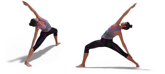 Front and Left Profile Poses of a Virtual Woman in Yoga Reverse Warrior Pose