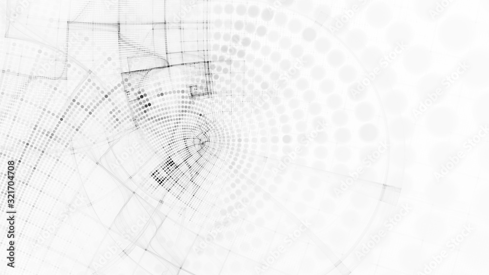Aufkleber Abstract white and black background element. Fractal graphics 3d illustration. Wide format composition of grid cells and circles. Information technology concept.