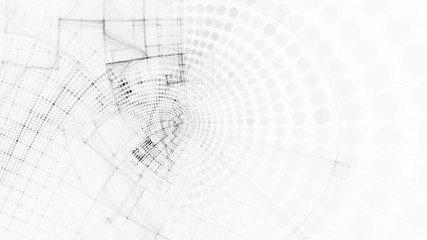 Abstract white and black background element. Fractal graphics 3d illustration. Wide format composition of grid cells and circles. Information technology concept.