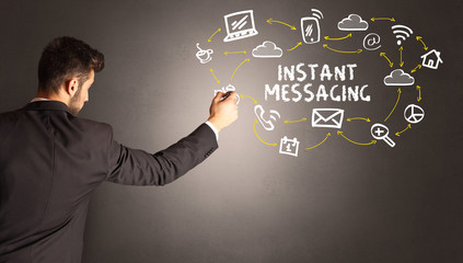businessman drawing social media icons with INSTANT MESSAGING inscription, new media concept