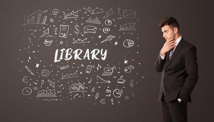 Businessman thinking with LIBRARY inscription, business education concept