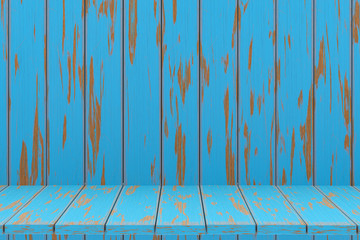 3d rendering,Blue shelf wooden table background for product display, Blue wood texture background,empty copy space for promotion social media banners, posters,birthday