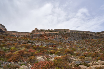 Ruins of Venetian fort on Imeri Gramvousa Island near island of Crete, Greece