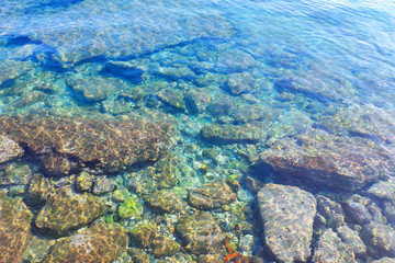 Colorful stones and pebbles are visible through the clear sea water.