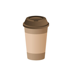 Brown paper cup with brown lid and a sleeve mockup. Realistic disposable coffee cup on white background. Empty plastic cup for Cafe logo. Blank mockup for brand identity. Vector template illustration