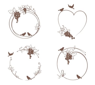 Frame from grapes and bird / Set vector illustration, floral design element