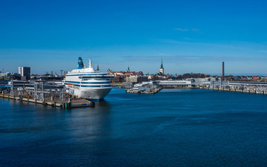 Fototapeta na wymiar 23 April 2019, Tallinn, Estonia. High-speed passenger and car ferry of the Estonian shipping concern Tallink Silja Europa in the port of Tallinn.